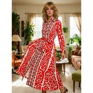 Vintage 60s Lanvin Paris New York Shirt Dress 16 Red Geometric Tie Waist MOD